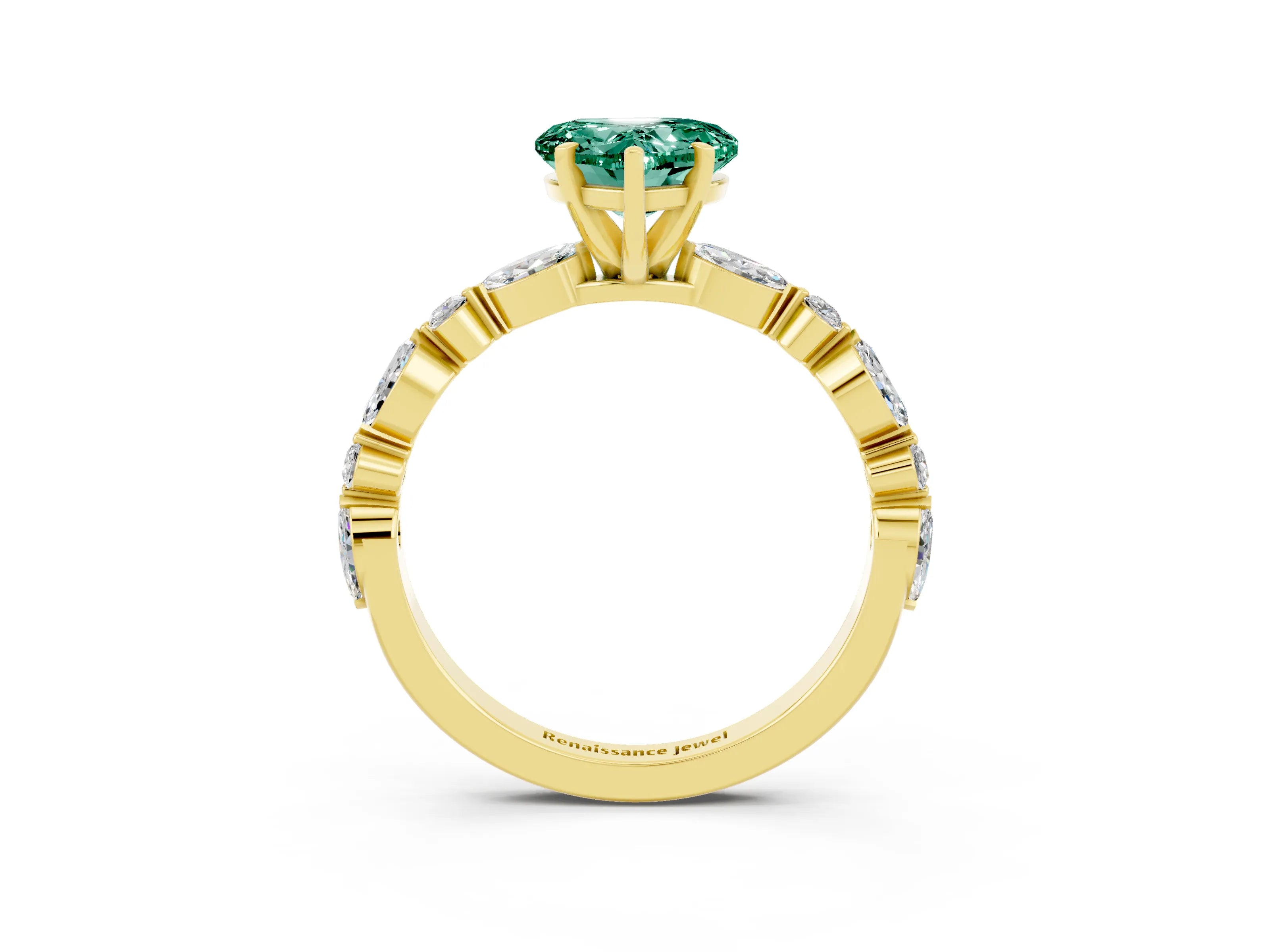 Yellow gold Heart Cut Green Sapphire Solitaire with Side Stones on a Pavé Band and Four-Prong Setting_3
