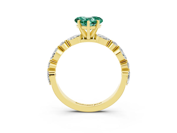 Yellow gold Heart Cut Green Sapphire Ring with Marquise and Round  Side Stones and Four-Prong Setting