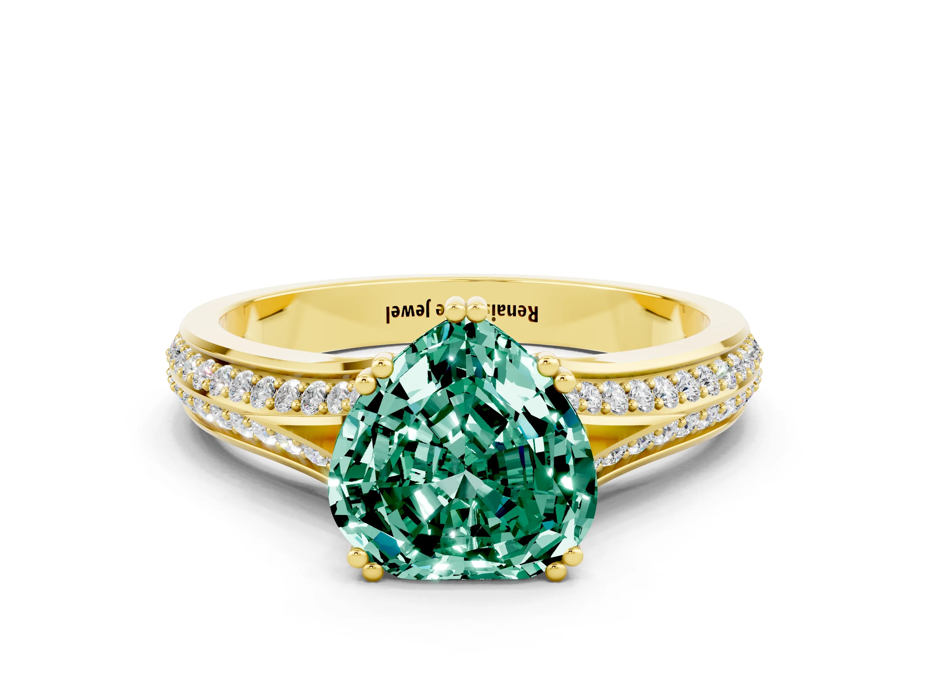 Yellow gold Heart Cut Green Sapphire Split Shank Engagement Ring with Pavé Band