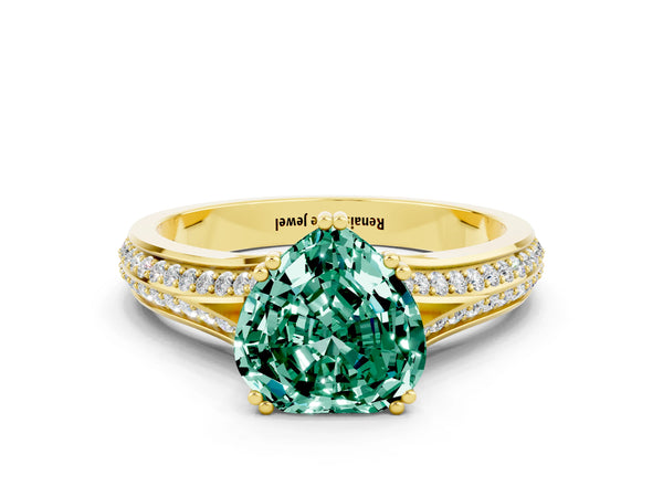 Yellow gold Heart Cut Green Sapphire Split Shank Engagement Ring with Pavé Band