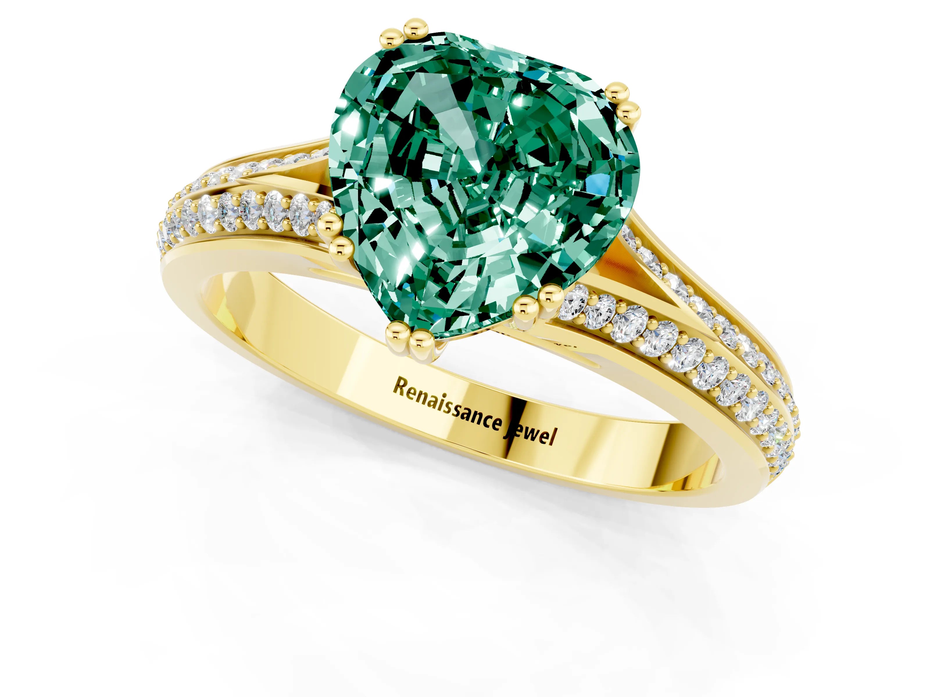 Yellow gold Heart Cut Green Sapphire Split Shank Engagement Ring with Pavé Band_1