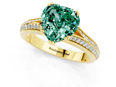 Yellow gold Heart Cut Green Sapphire Split Shank Engagement Ring with Pavé Band_1