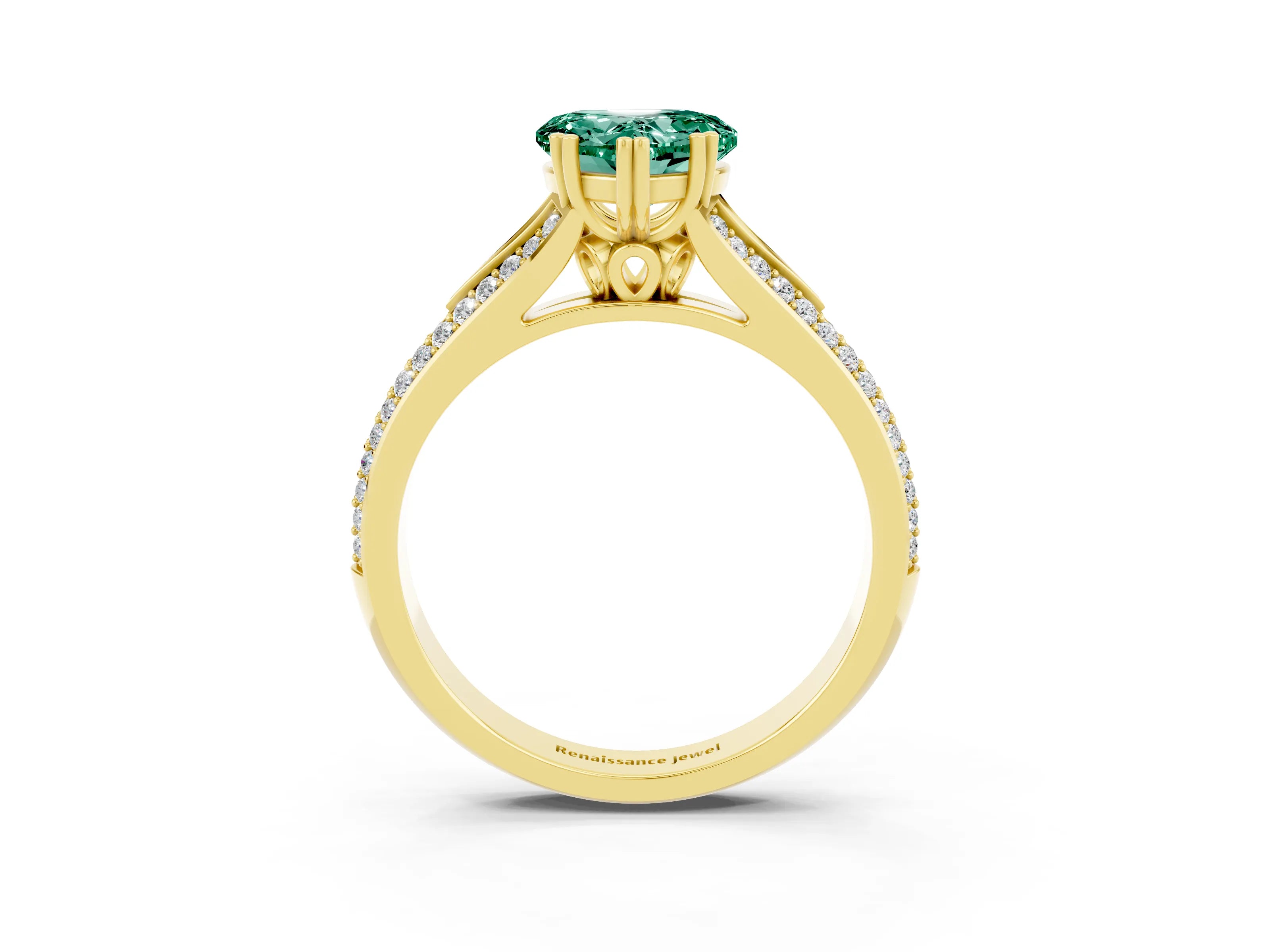 Yellow gold Heart Cut Green Sapphire Split Shank Engagement Ring with Pavé Band_3