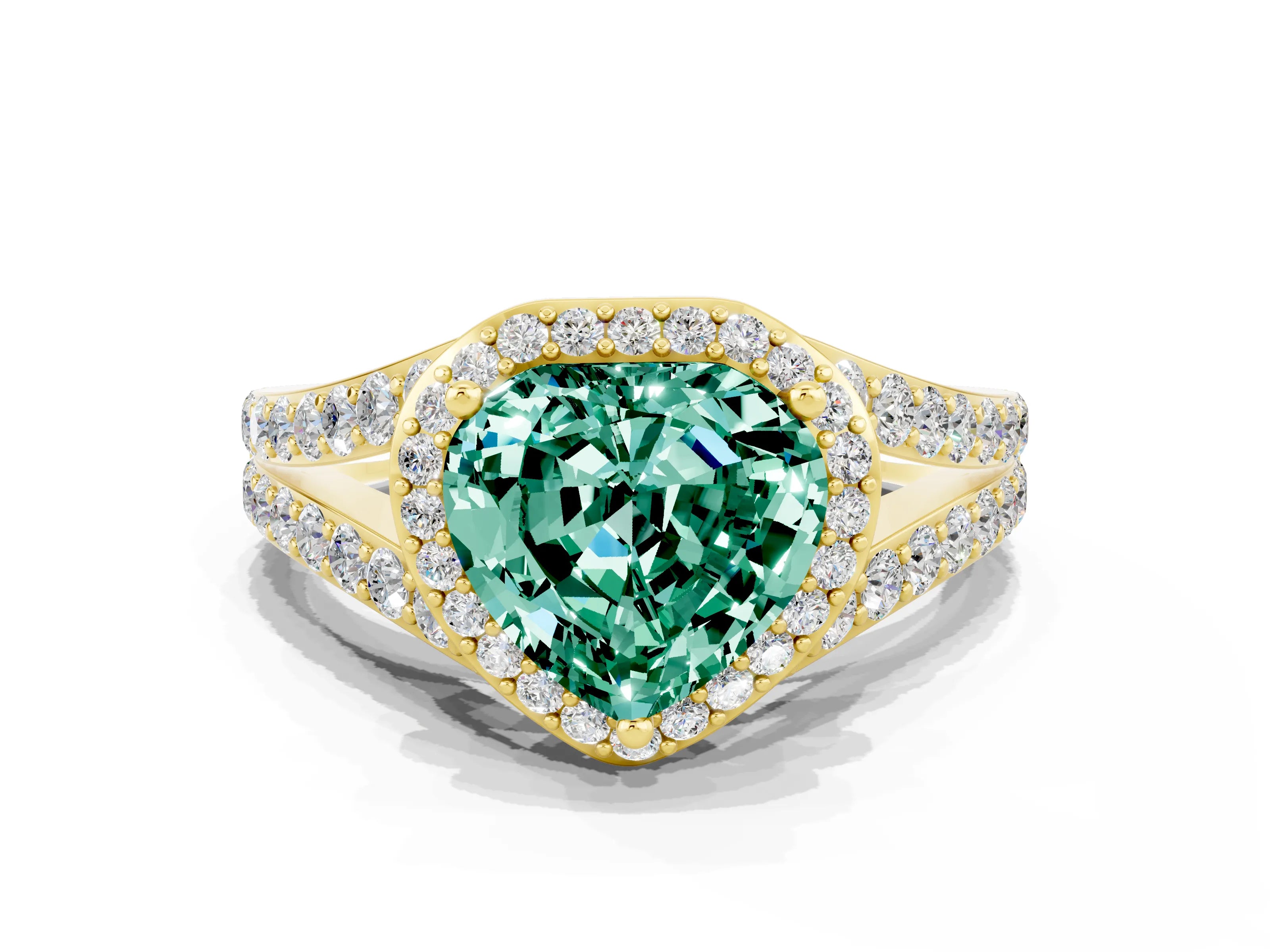 Yellow gold Heart Cut Green Sapphire Split Shank Halo Ring with Four-Prong Setting_12