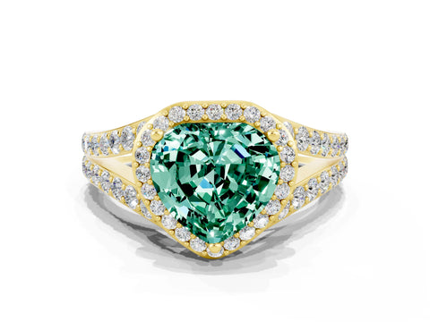 Yellow gold Heart Cut Green Sapphire Split Shank Halo Ring with Four-Prong Setting_12