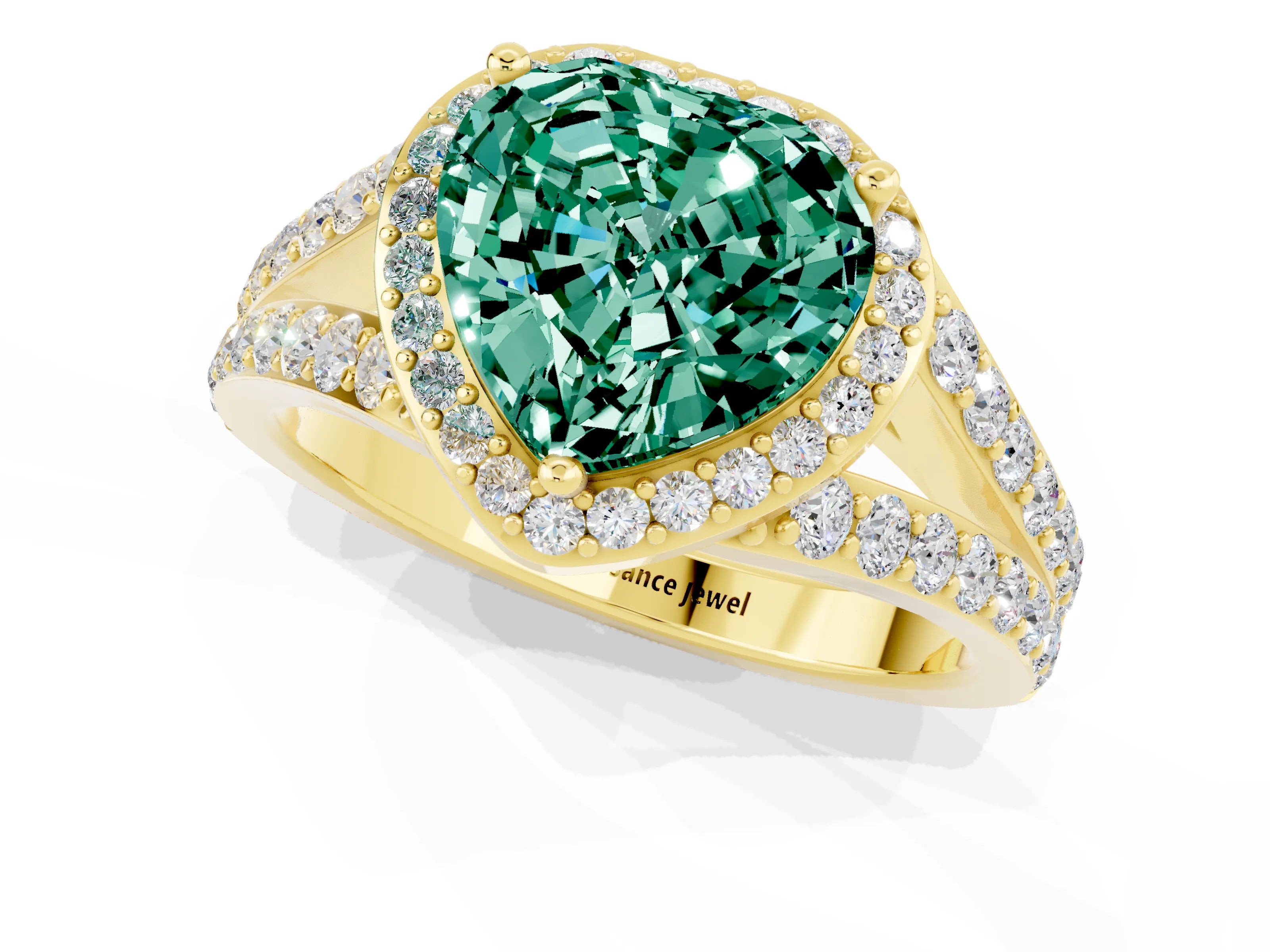 Yellow gold Heart Cut Green Sapphire Split Shank Halo Ring with Four-Prong Setting_13