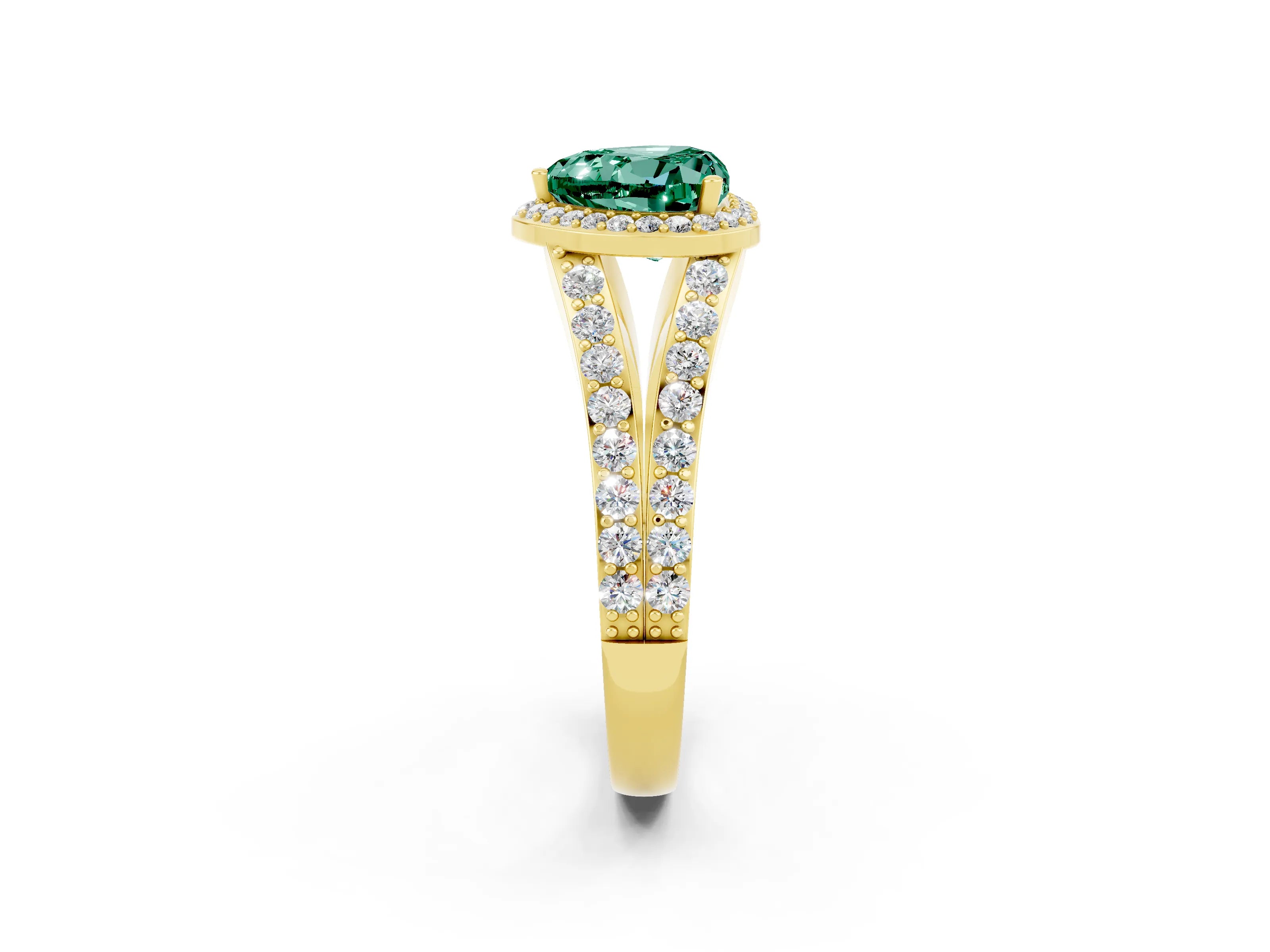 Yellow gold Heart Cut Green Sapphire Split Shank Halo Ring with Four-Prong Setting_14