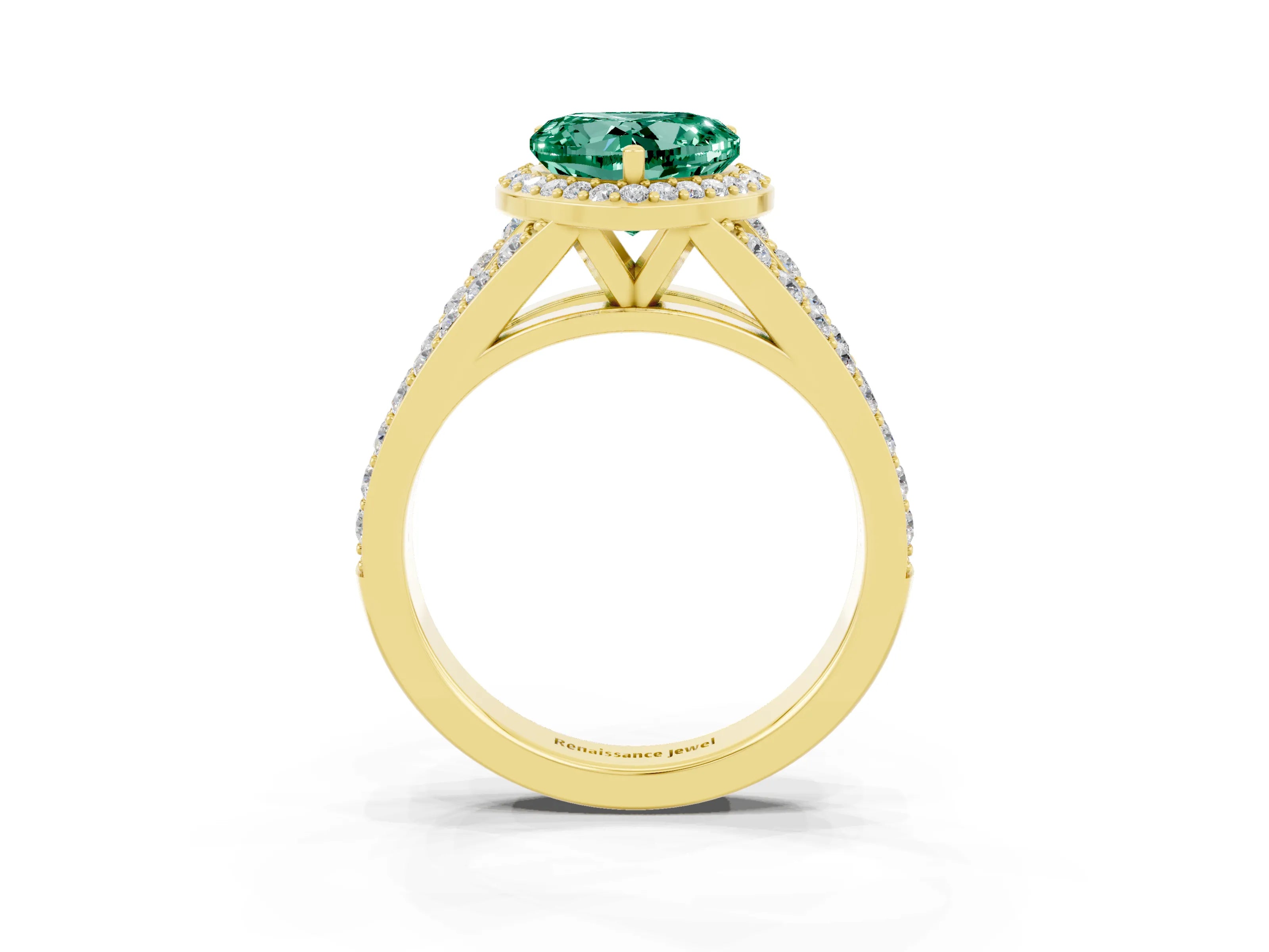 Yellow gold Heart Cut Green Sapphire Split Shank Halo Ring with Four-Prong Setting_15