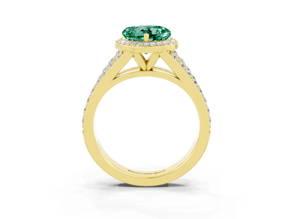 Yellow gold Heart Cut Green Sapphire Split Shank Halo Ring with Four-Prong Setting