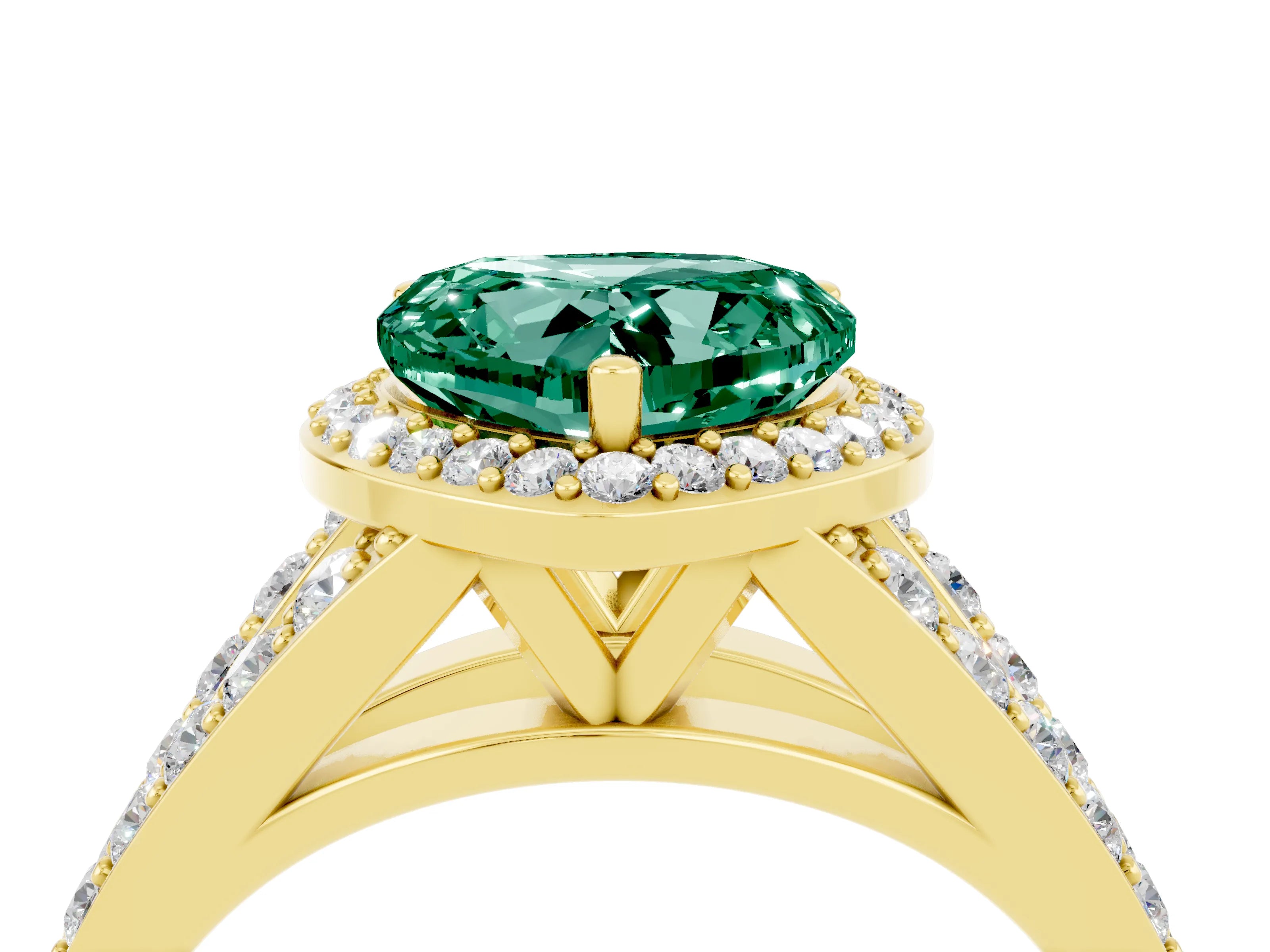 Yellow gold Heart Cut Green Sapphire Split Shank Halo Ring with Four-Prong Setting_16