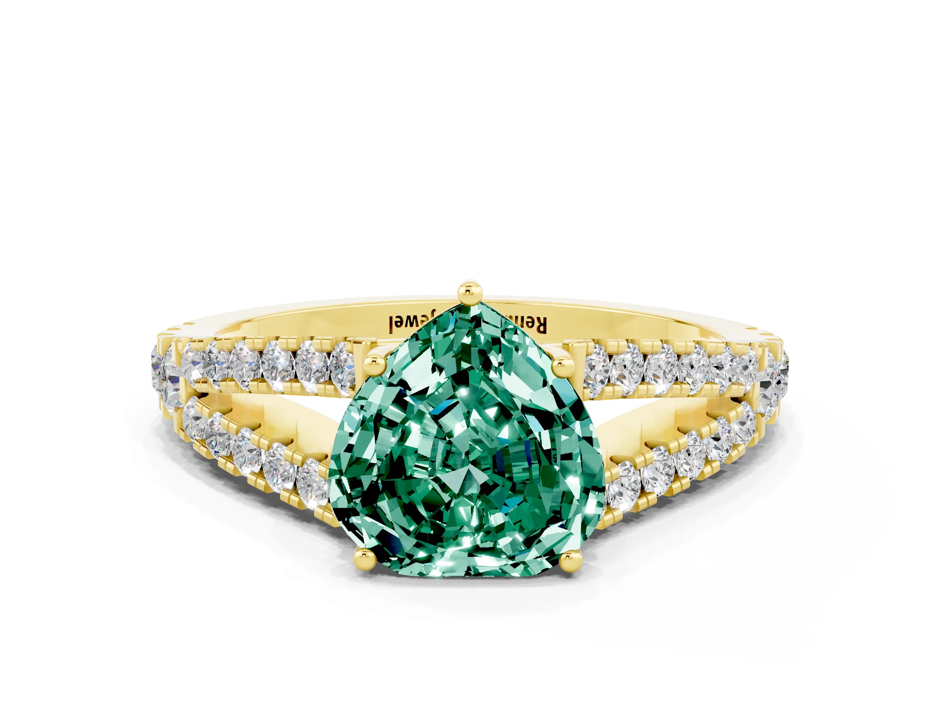 Yellow gold Heart Cut Green Sapphire Split Shank Pavé Engagement Ring with Four-Prong Setting_12
