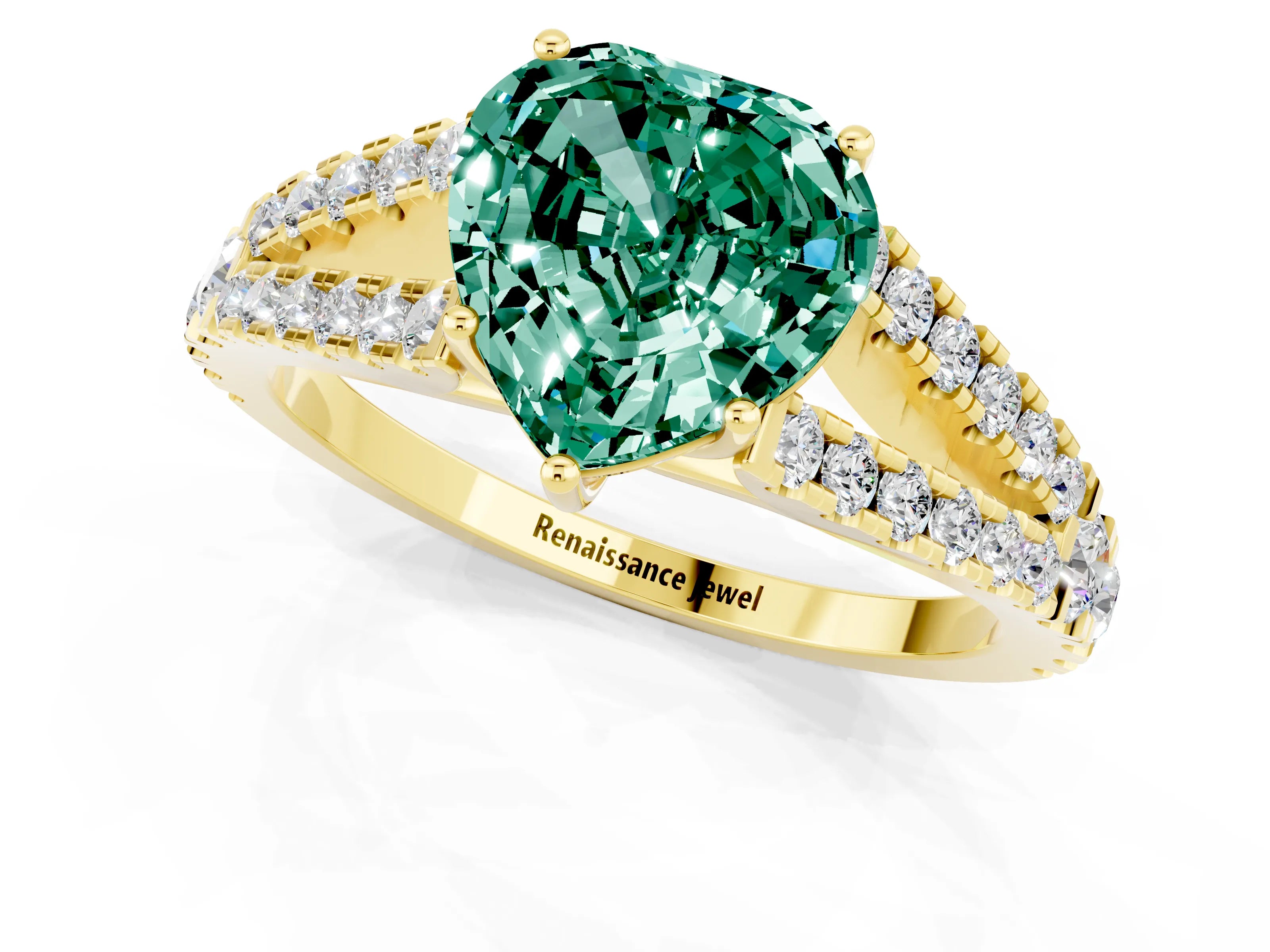 Yellow gold Heart Cut Green Sapphire Split Shank Pavé Engagement Ring with Four-Prong Setting_13