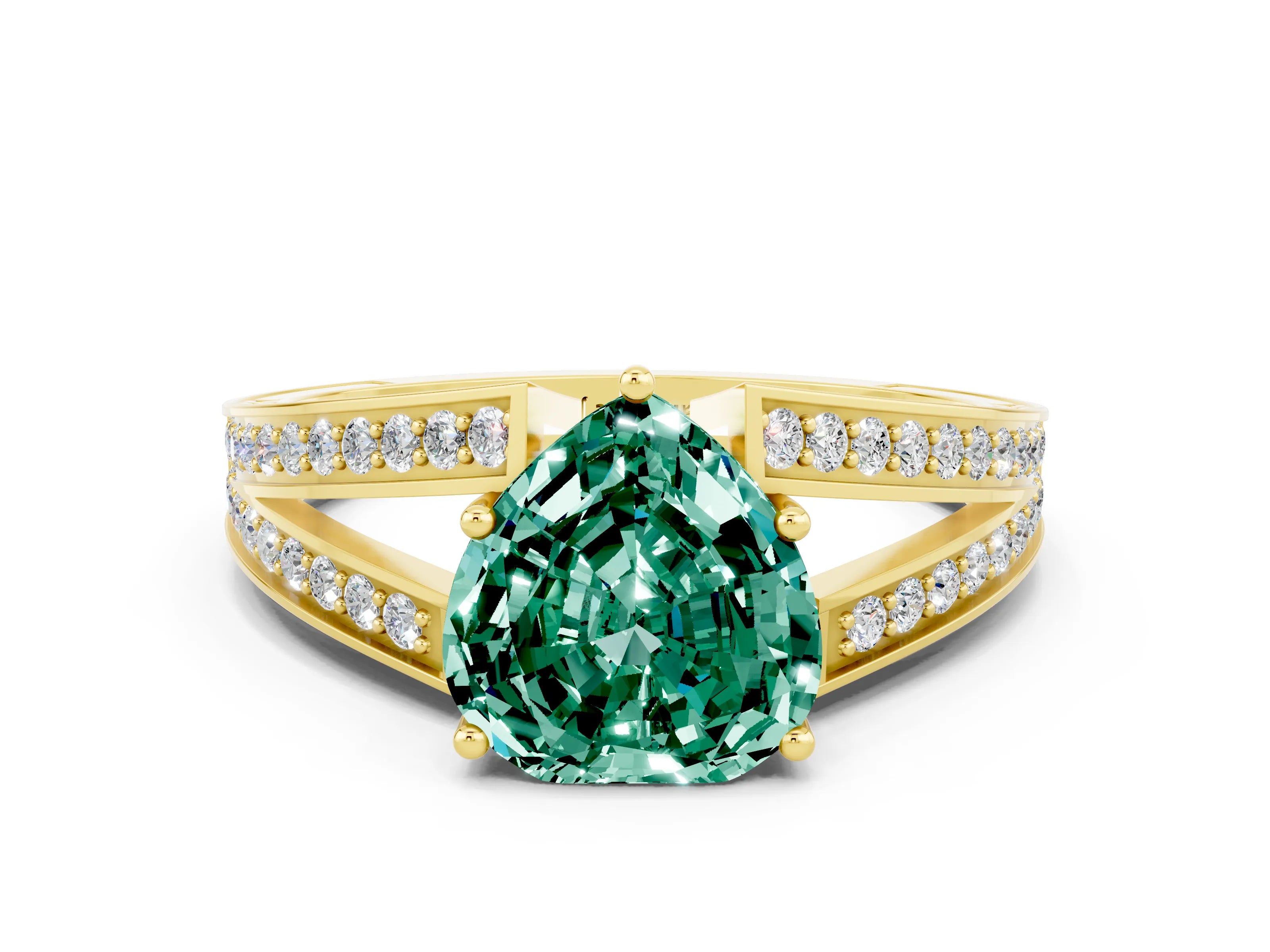 Yellow gold Heart Cut Green Sapphire Split Shank Ring with Pavé Band and Four-Prong Setting