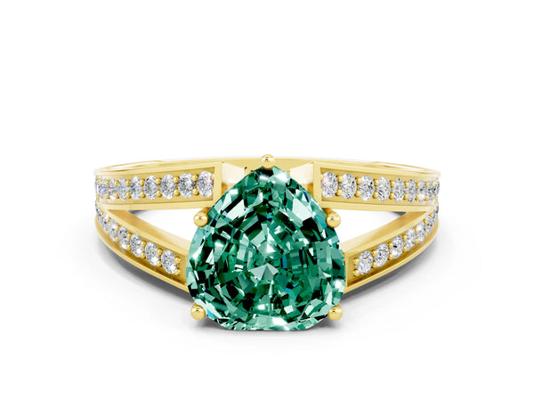 Yellow gold Heart Cut Green Sapphire Split Shank Ring with Pavé Band and Four-Prong Setting