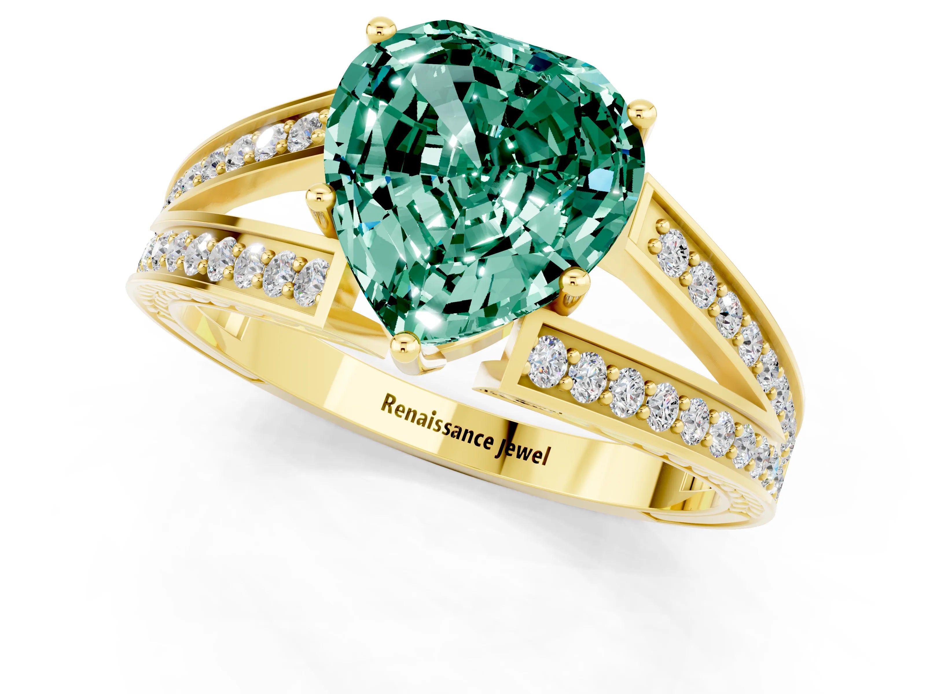 Yellow gold Heart Cut Green Sapphire Split Shank Ring with Pavé Band and Four-Prong Setting_1