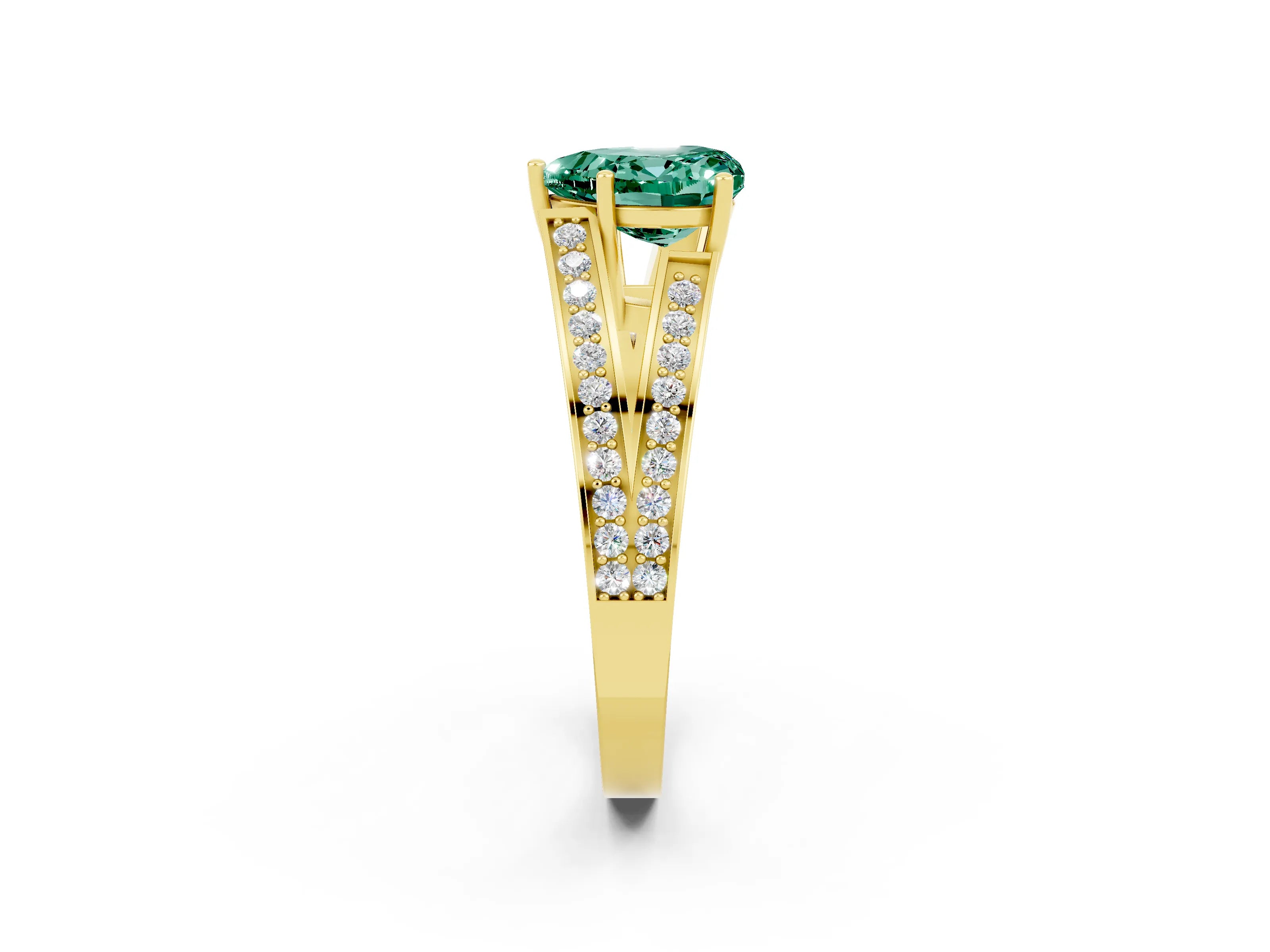 Yellow gold Heart Cut Green Sapphire Split Shank Ring with Pavé Band and Four-Prong Setting_2