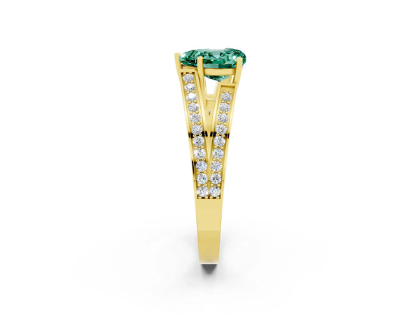 Yellow gold Heart Cut Green Sapphire Split Shank Ring with Pavé Band and Four-Prong Setting