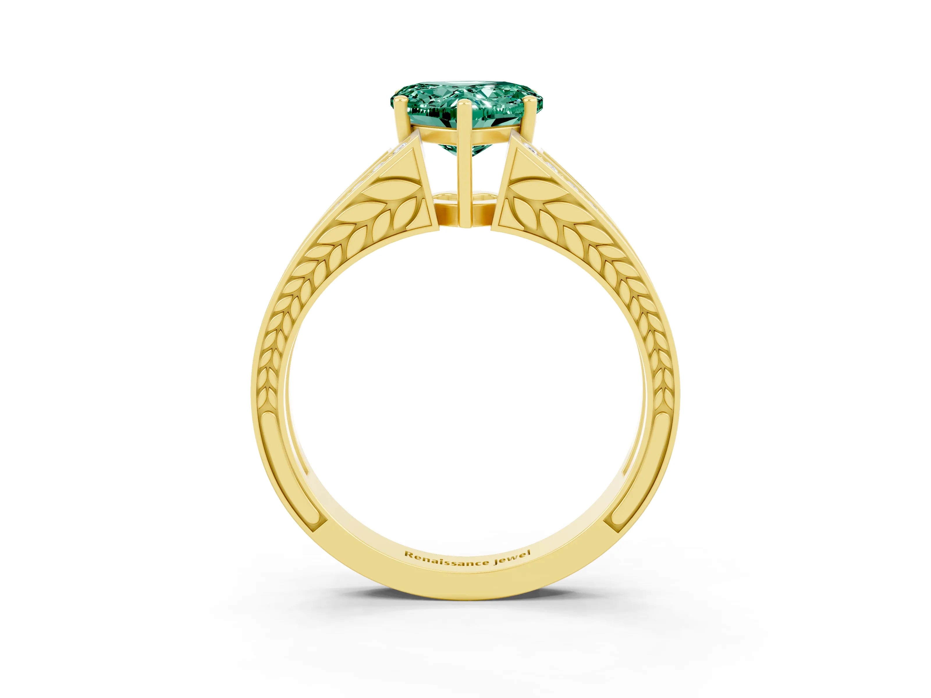 Yellow gold Heart Cut Green Sapphire Split Shank Ring with Pavé Band and Four-Prong Setting_3