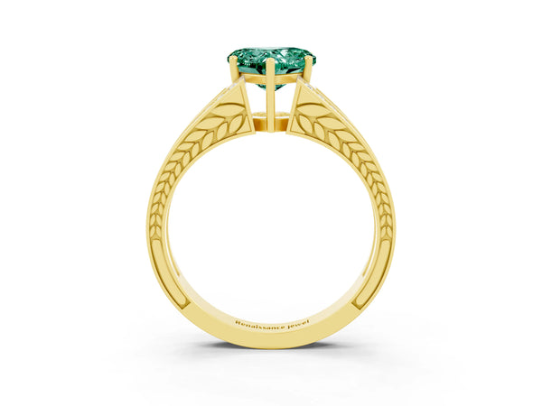 Yellow gold Heart Cut Green Sapphire Split Shank Ring with Pavé Band and Four-Prong Setting