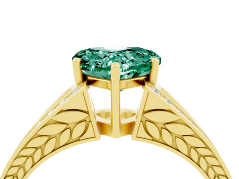 Yellow gold Heart Cut Green Sapphire Split Shank Ring with Pavé Band and Four-Prong Setting_4