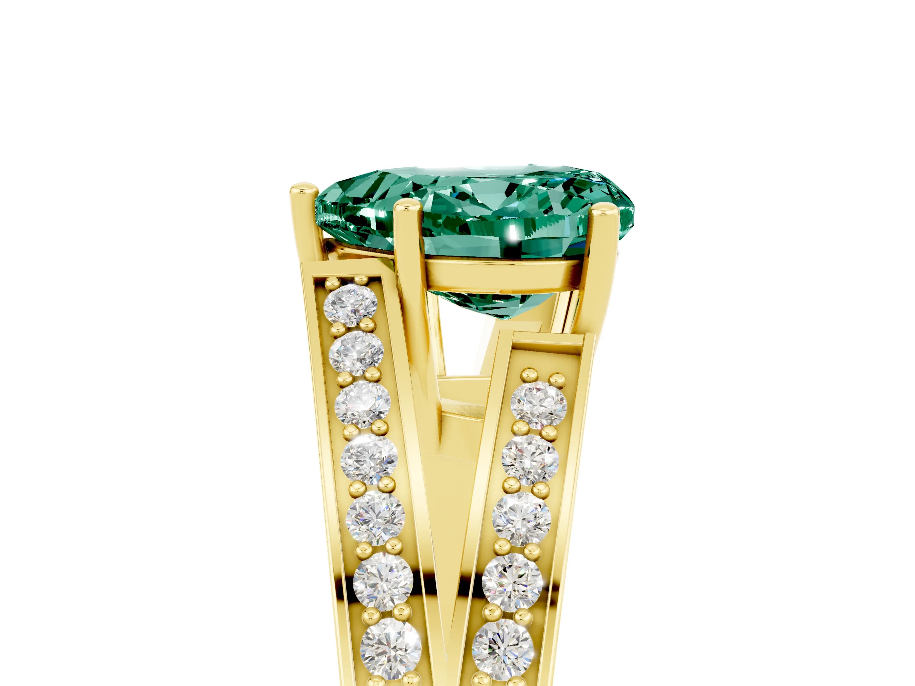 Yellow gold Heart Cut Green Sapphire Split Shank Ring with Pavé Band and Four-Prong Setting_5