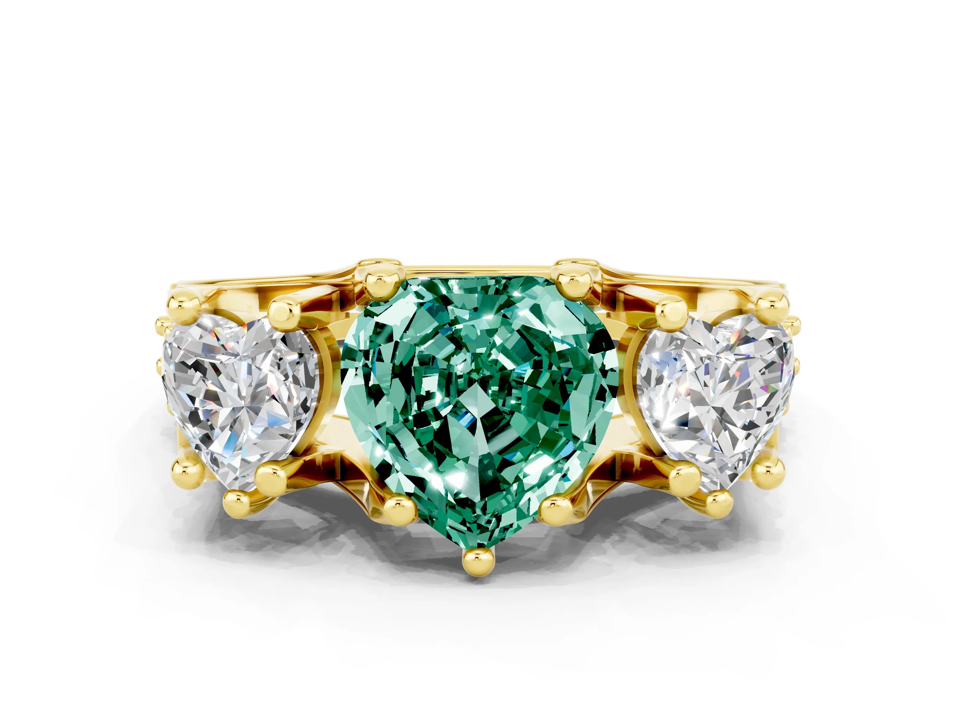 Yellow gold Heart Cut Green Sapphire Three-Stone Ring with Channel Set Band and Four-Prong Setting