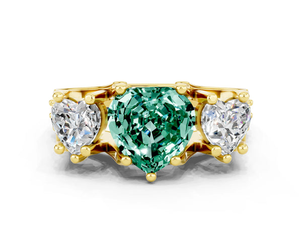 Yellow gold Heart Cut Green Sapphire Three-Stone Ring with Channel Set Band and Four-Prong Setting