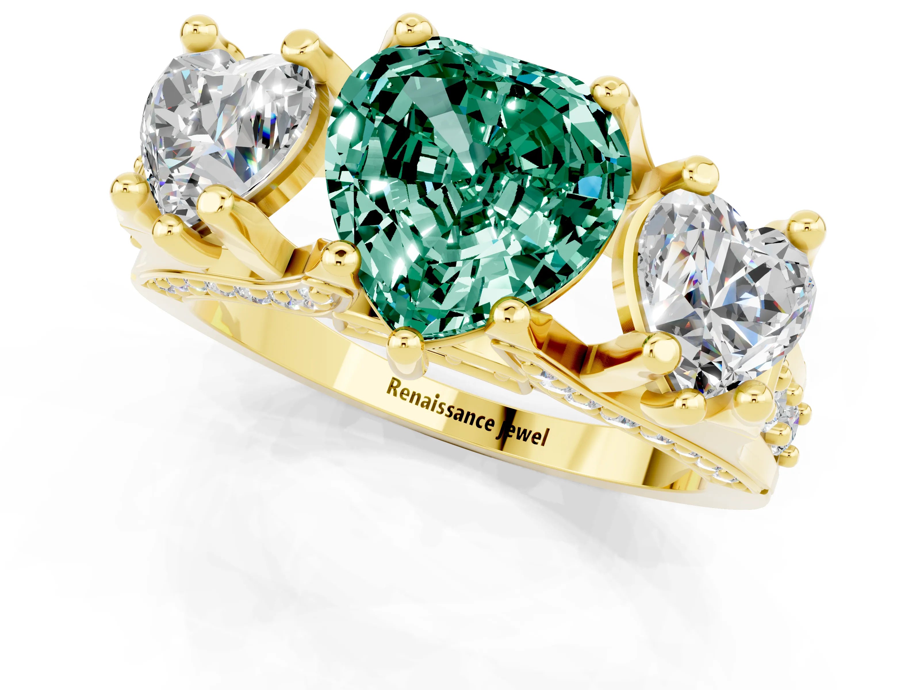 Yellow gold Heart Cut Green Sapphire Three-Stone Ring with Channel Set Band and Four-Prong Setting_1