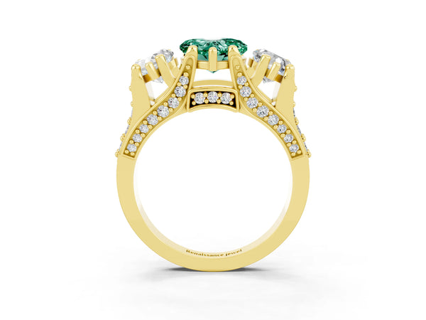 Yellow gold Heart Cut Green Sapphire Three-Stone Ring with Channel Set Band and Four-Prong Setting