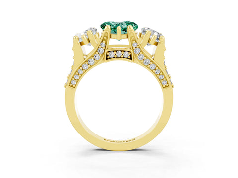 Yellow gold Heart Cut Green Sapphire Three-Stone Ring with Channel Set Band and Four-Prong Setting_3