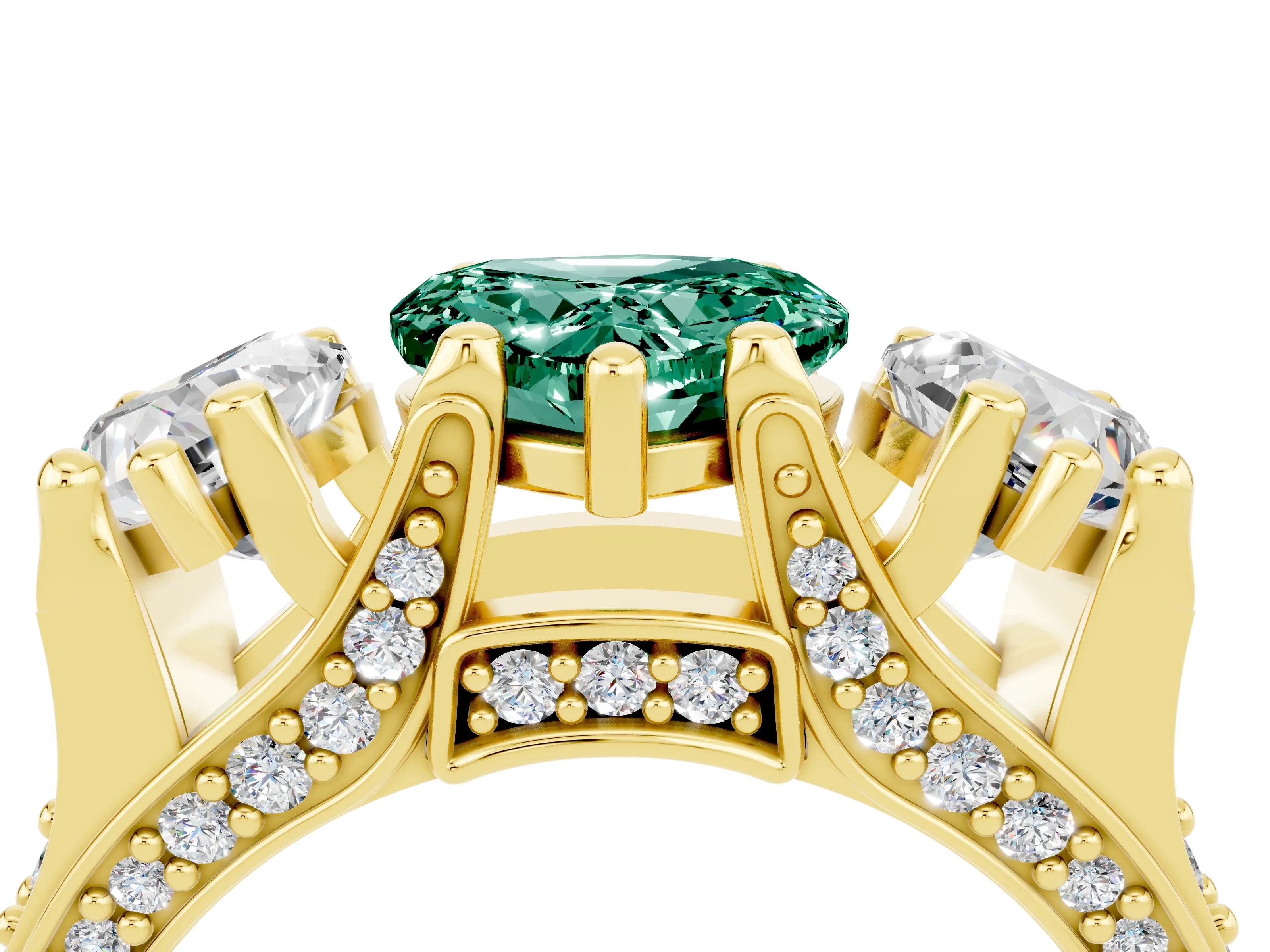 Yellow gold Heart Cut Green Sapphire Three-Stone Ring with Channel Set Band and Four-Prong Setting_4