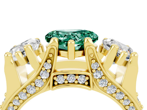 Yellow gold Heart Cut Green Sapphire Three-Stone Ring with Channel Set Band and Four-Prong Setting_4