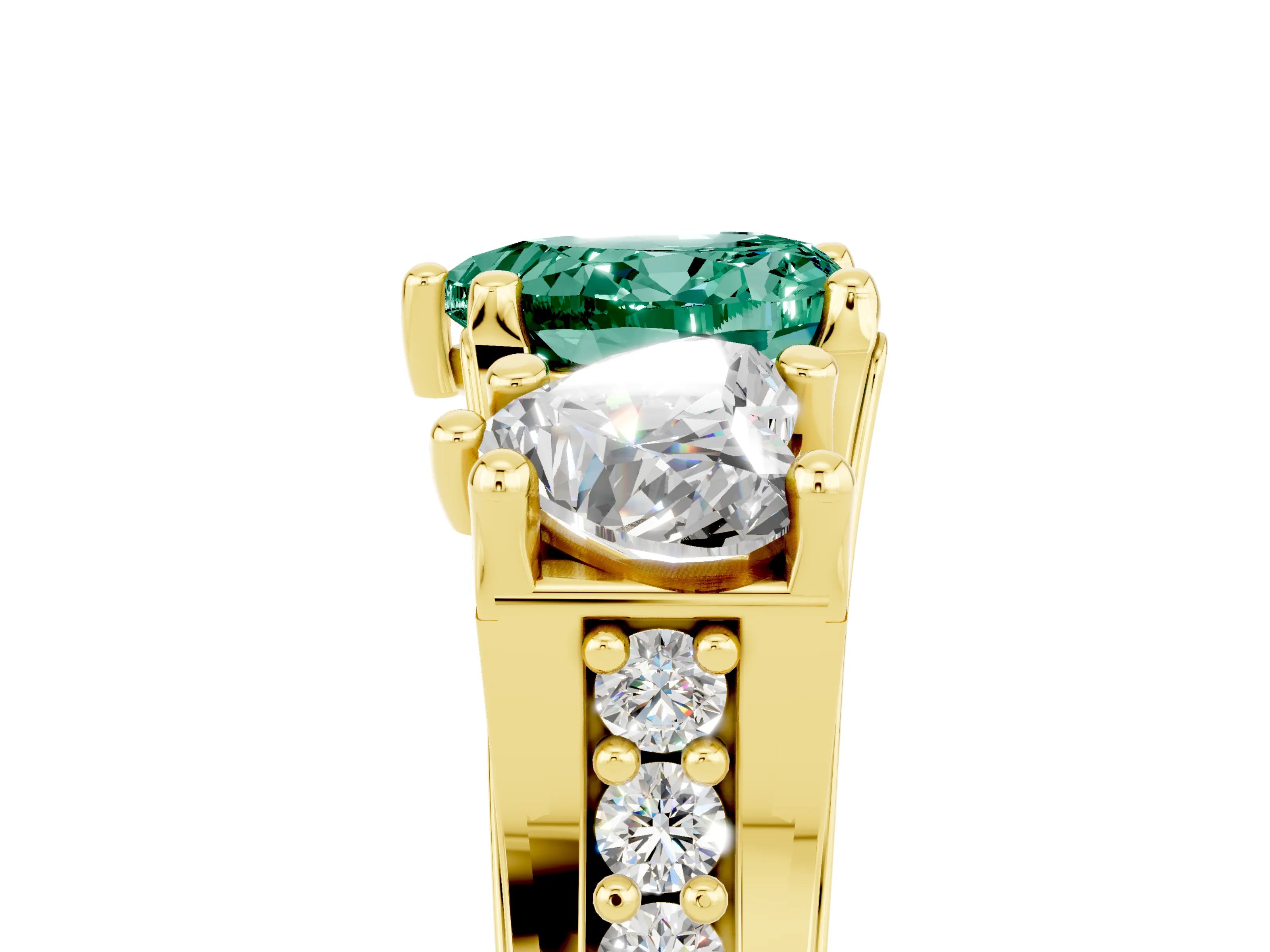 Yellow gold Heart Cut Green Sapphire Three-Stone Ring with Channel Set Band and Four-Prong Setting_5