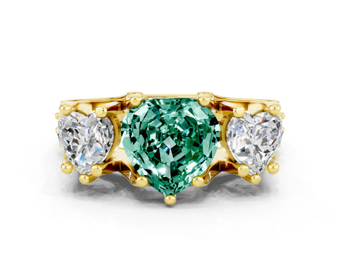 Yellow gold Heart Cut Green Sapphire Three-Stone Ring with Channel Set Band and Four-Prong Setting