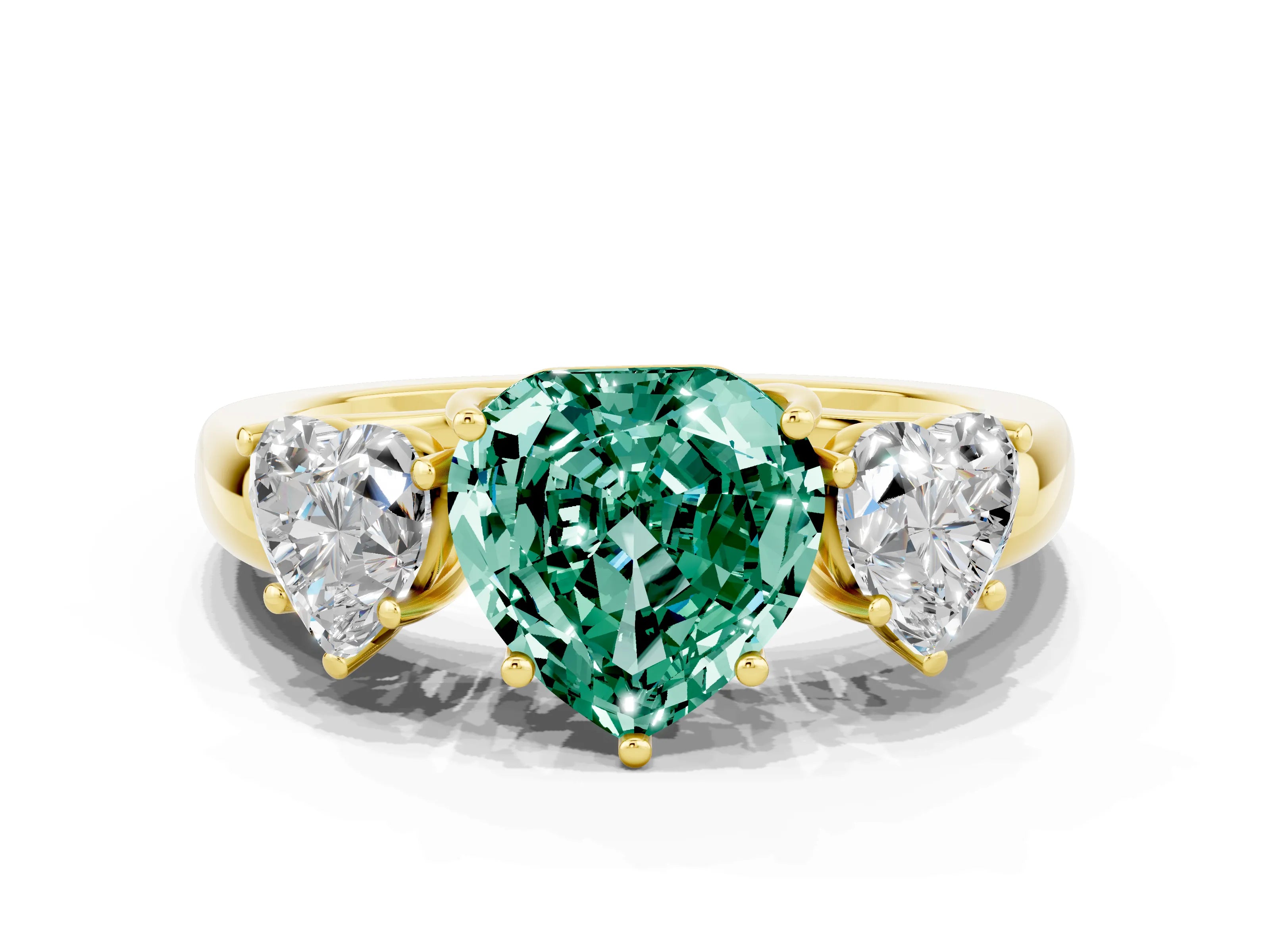 Yellow gold Heart Cut Green Sapphire Three-Stone Ring with Four-Prong Setting and Classic Band