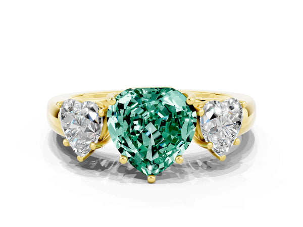 Yellow gold Heart Cut Green Sapphire Three-Stone Ring with Four-Prong Setting and Classic Band