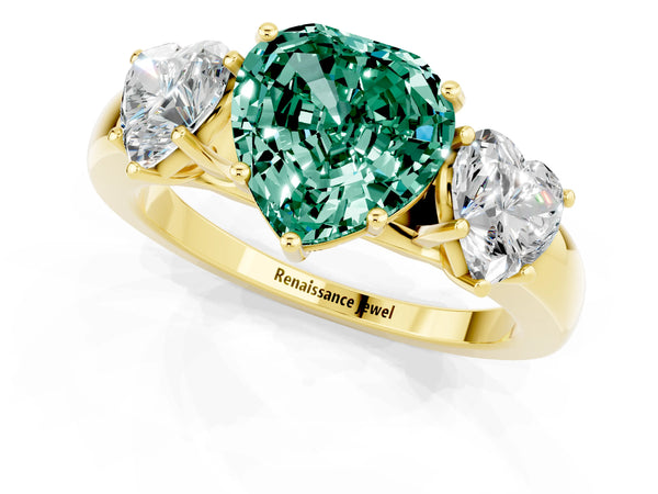 Yellow gold Heart Cut Green Sapphire Three-Stone Ring with Four-Prong Setting and Classic Band