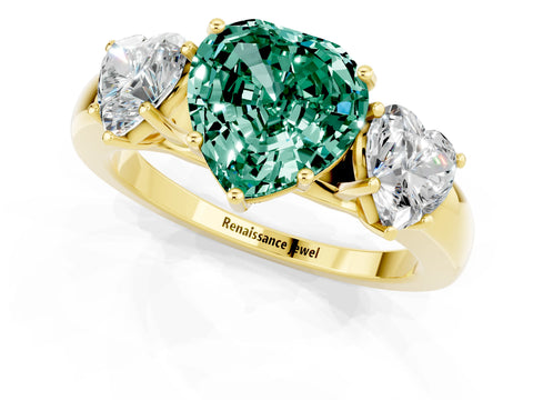 Yellow gold Heart Cut Green Sapphire Three-Stone Ring with Four-Prong Setting and Classic Band_1