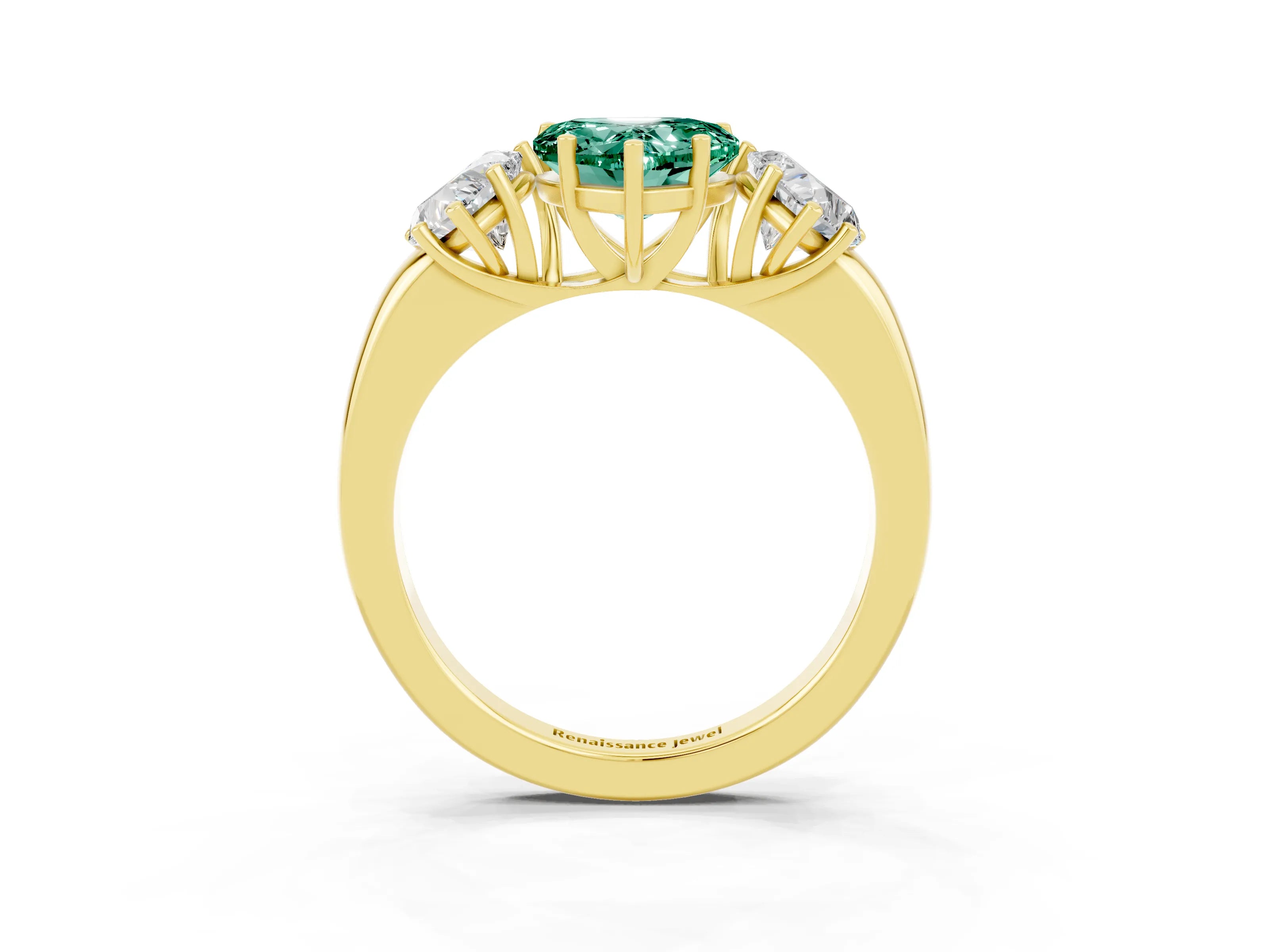 Yellow gold Heart Cut Green Sapphire Three-Stone Ring with Four-Prong Setting and Classic Band_3