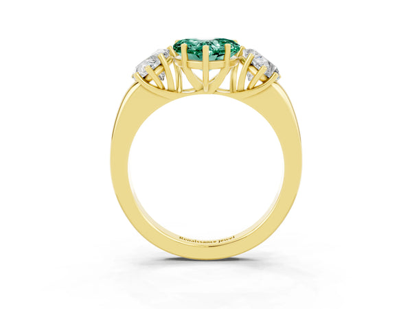 Yellow gold Heart Cut Green Sapphire Three-Stone Ring with Four-Prong Setting and Classic Band