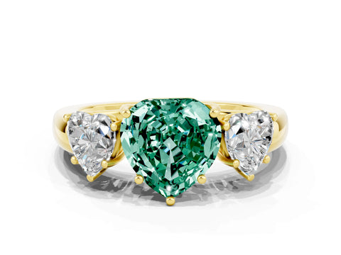 Yellow gold Heart Cut Green Sapphire Three-Stone Ring with Four-Prong Setting and Classic Band