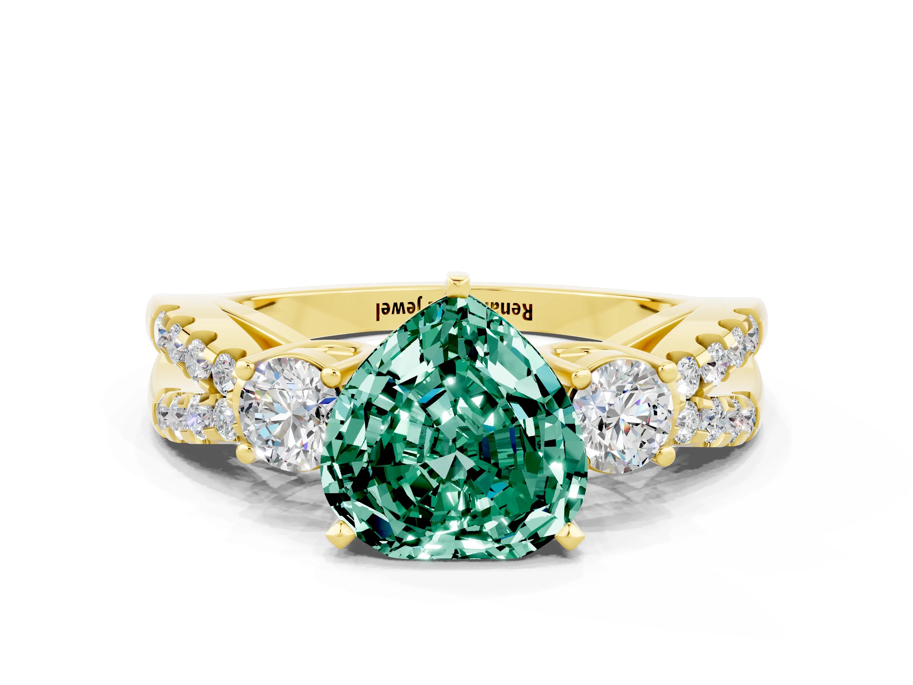 Yellow gold Heart Cut Green Sapphire Three-Stone Ring with Pavé Split Shank and Four-Prong Setting