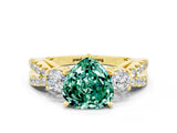 Yellow gold Heart Cut Green Sapphire Three-Stone Ring with Pavé Split Shank and Four-Prong Setting