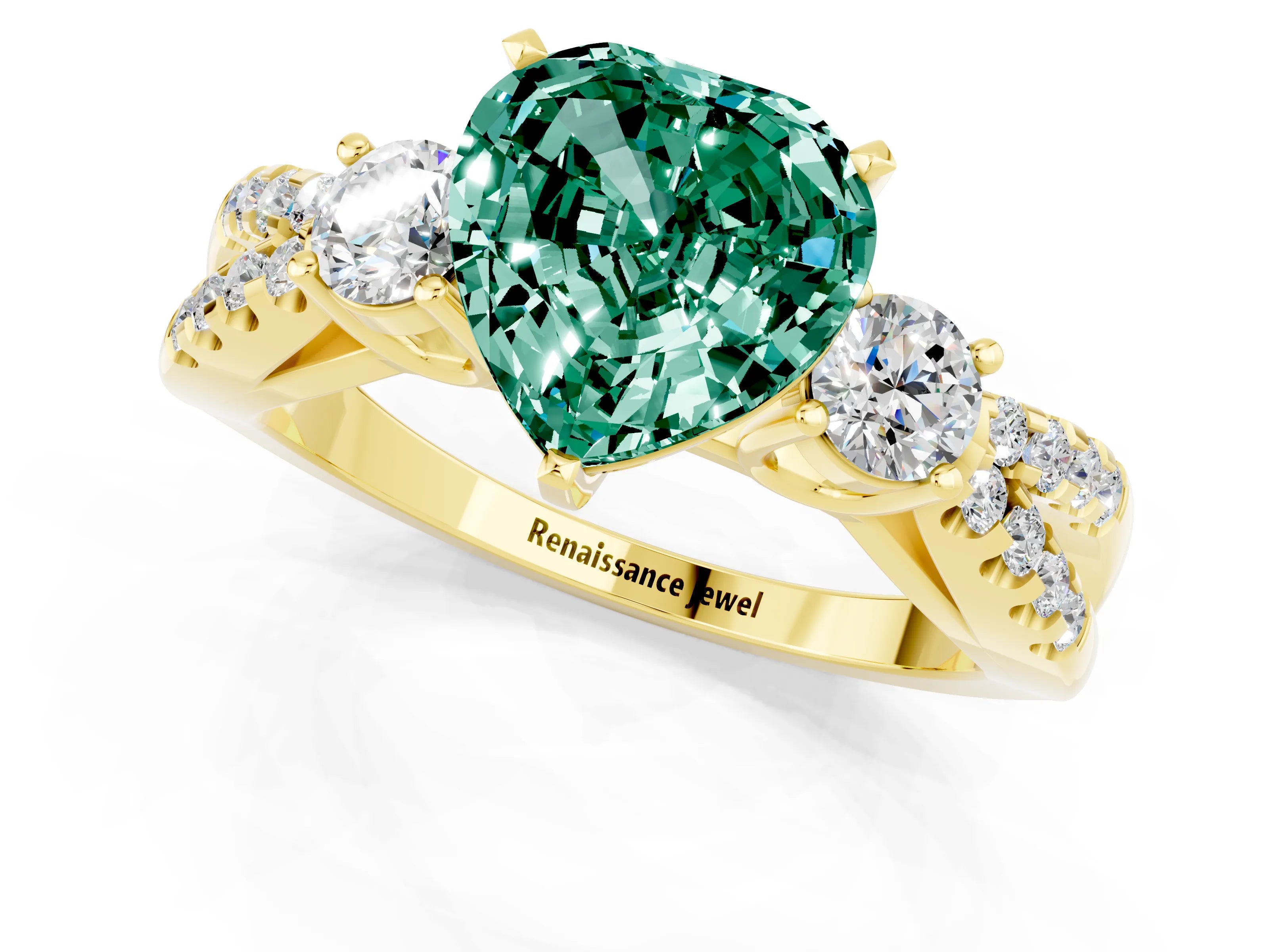 Yellow gold Heart Cut Green Sapphire Three-Stone Ring with Pavé Split Shank and Four-Prong Setting_1