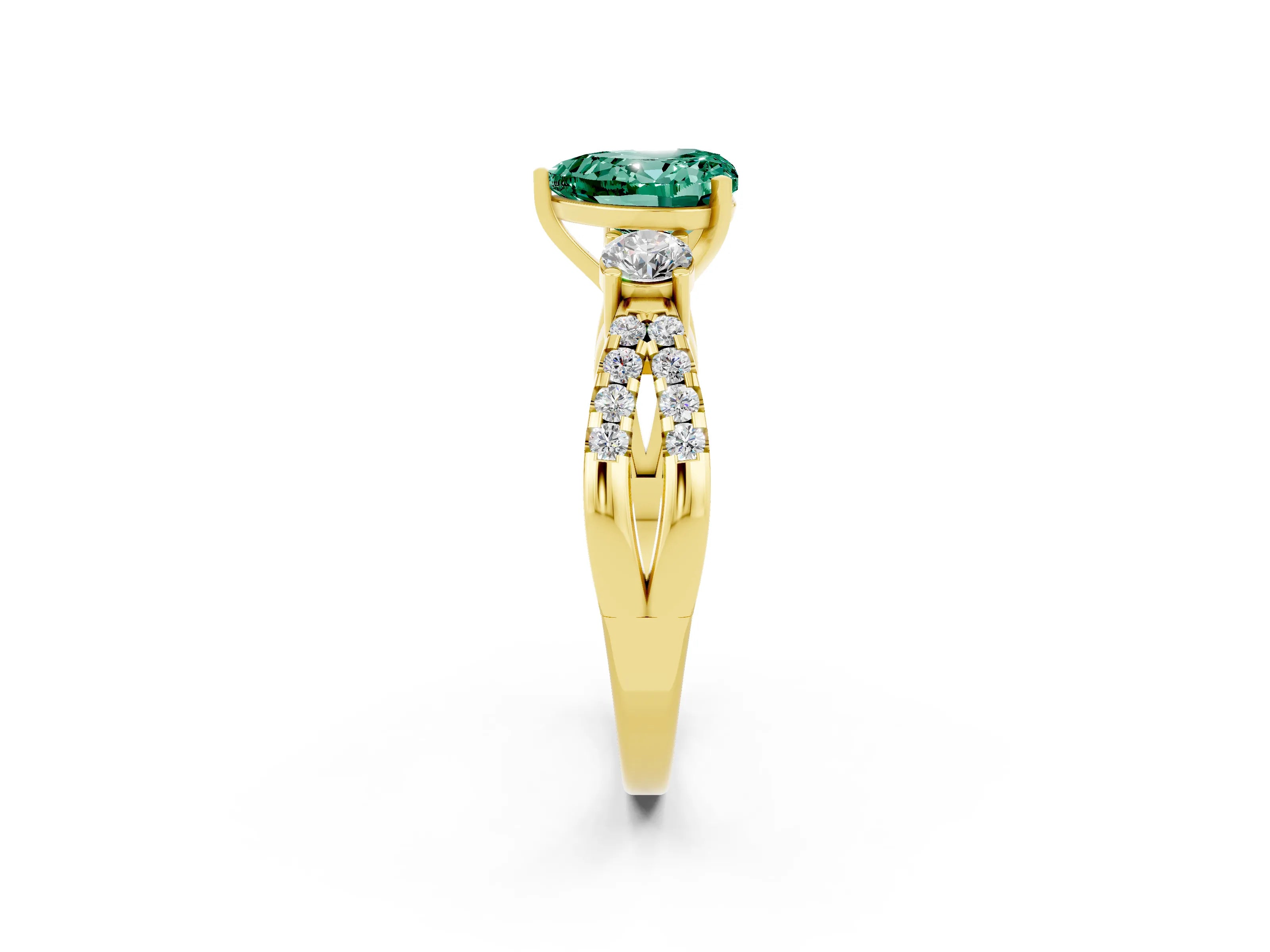 Yellow gold Heart Cut Green Sapphire Three-Stone Ring with Pavé Split Shank and Four-Prong Setting_2