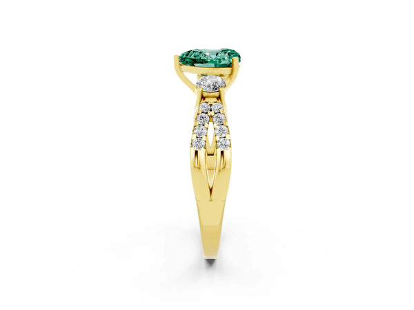 Yellow gold Heart Cut Green Sapphire Three-Stone Ring with Pavé Split Shank and Four-Prong Setting