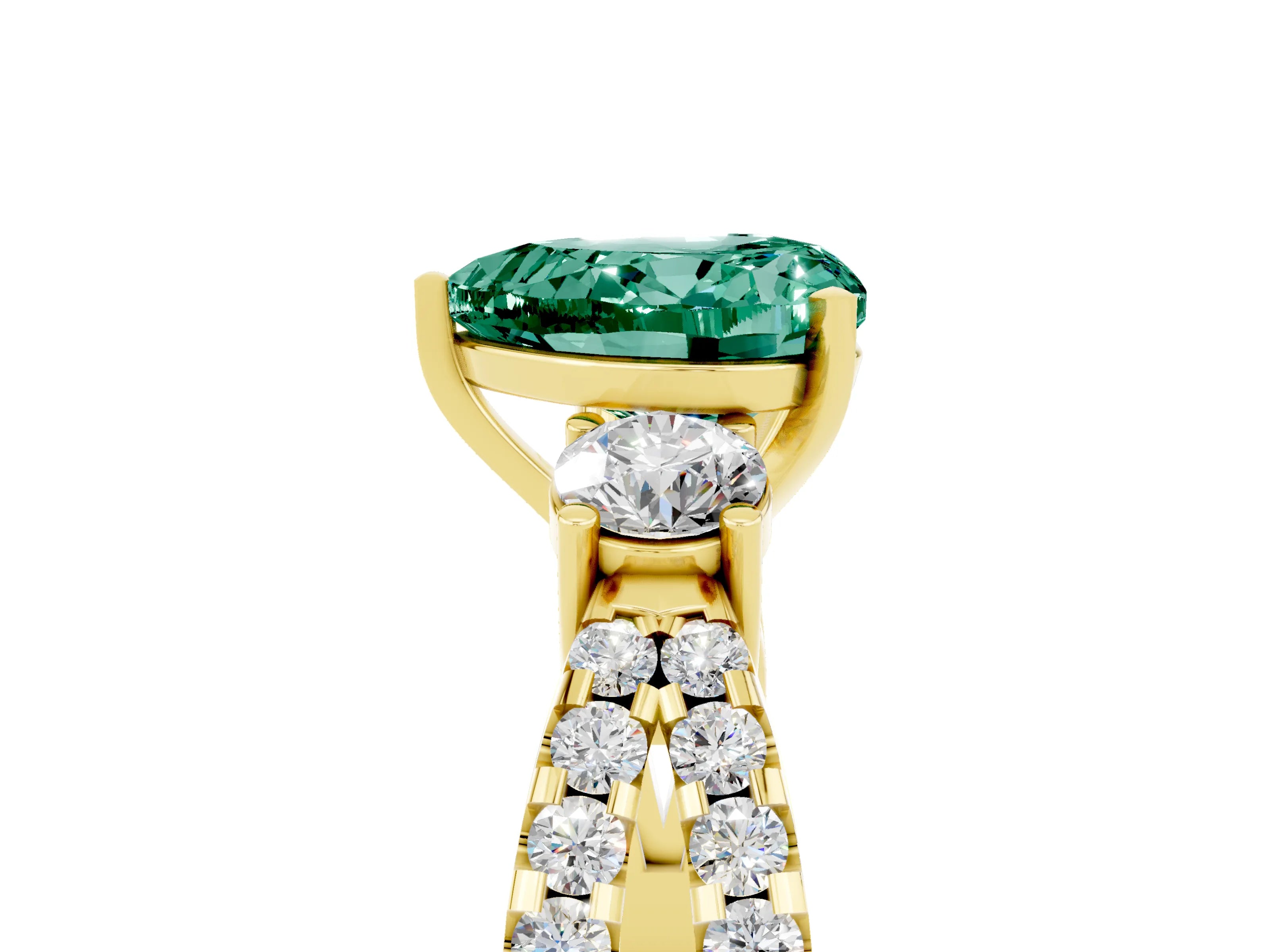 Yellow gold Heart Cut Green Sapphire Three-Stone Ring with Pavé Split Shank and Four-Prong Setting_5