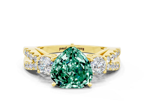 Yellow gold Heart Cut Green Sapphire Three-Stone Ring with Pavé Split Shank and Four-Prong Setting