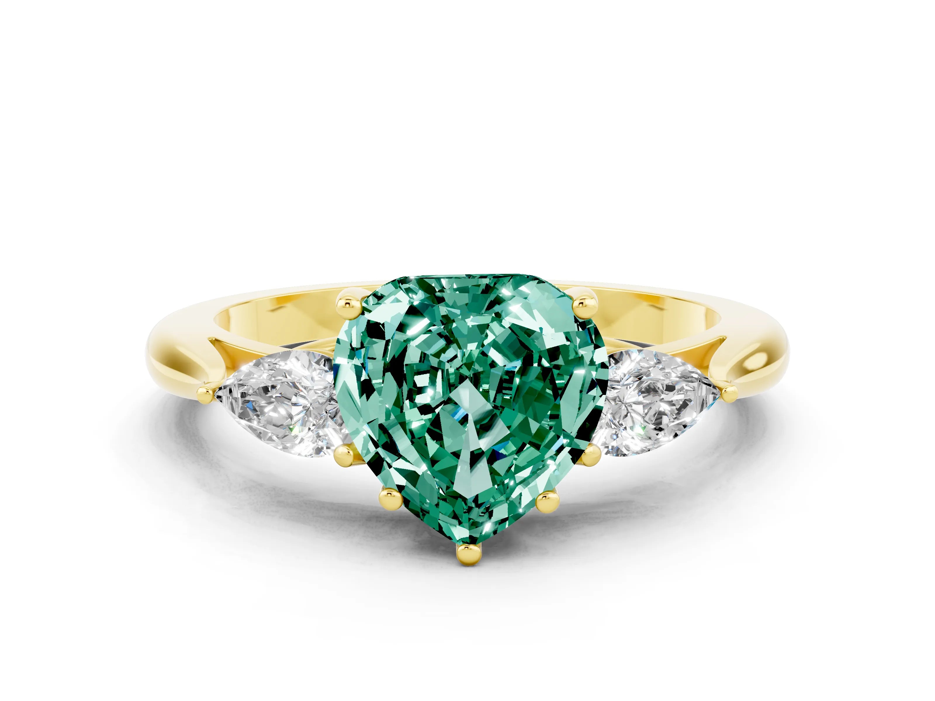 Yellow gold Heart Cut Green Sapphire Three-Stone Ring with Pear Side Stones and Four-Prong Setting_12