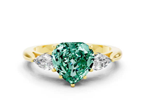 Yellow gold Heart Cut Green Sapphire Three-Stone Ring with Pear  Side Stones and Prong Setting